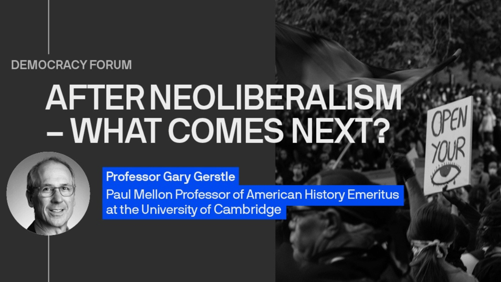 Gary Gerstle after neo-liberalism thumbnil with is face and a crowd with signs behind him