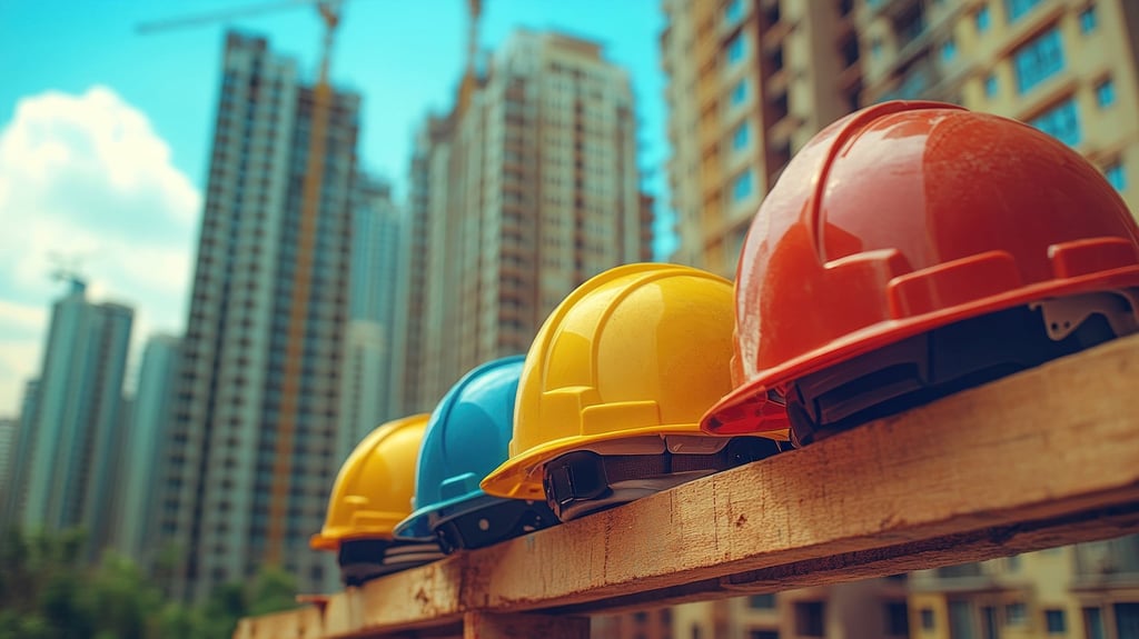 Four construction hard hats on a wooden beam, with a city under construction in the background.