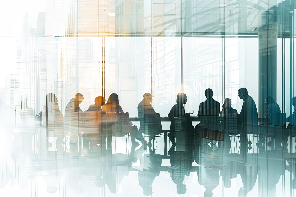 Silhouettes of office workers sitting at a board room table with transparent skyscraper buildings and windows overlay.