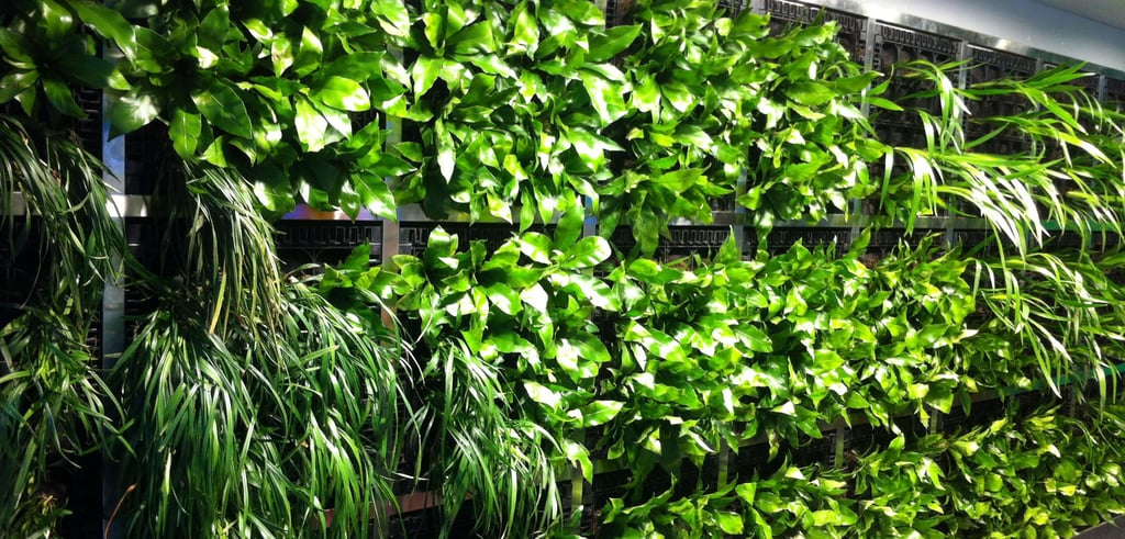 Vertical garden with lush green plants neatly arranged on a wall, conveying freshness and tranquility. The vibrant leaves add a lively, natural ambiance.