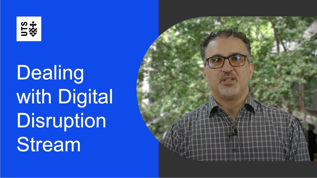 Split image with 'Dealing with Digital Disruption Stream' in white on a blue background with UTS logo. On the right, a man speaks, set against a blurred green outdoor background.