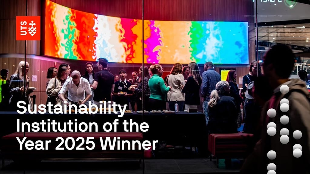 People gather at a UTS event beneath a large, colourful digital display. Overlaid text reads “Sustainability Institution of the Year 2025 Winner” alongside the UTS logo.