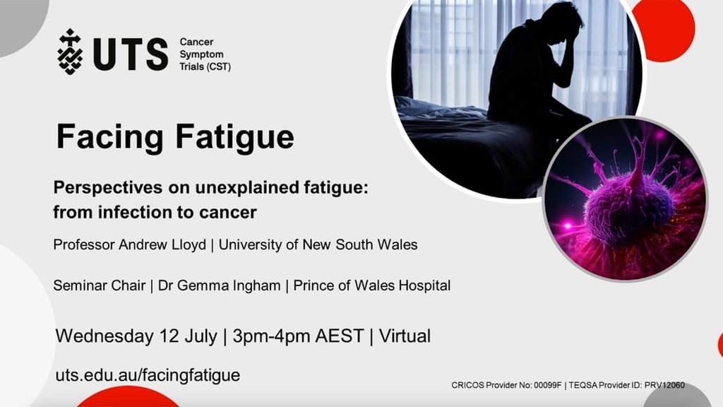 Promotional graphic for a UTS Cancer Symptom Trials (CST) virtual seminar titled Facing Fatigue: Perspectives on unexplained fatigue: from infection to cancer. The speaker is Professor Andrew Lloyd (University of New South Wales), chaired by Dr Gemma Ingham (Prince of Wales Hospital). The design includes a silhouette of a person sitting on a bed with their head in their hands and a close-up illustration of a purple cell against a light grey background.