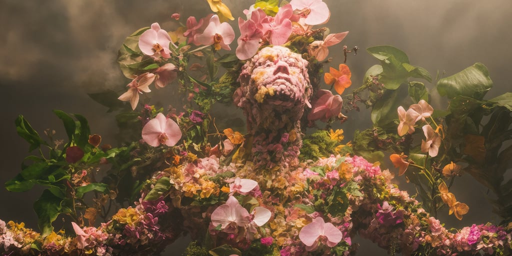 A still image from an immersive art installation nurturing emotional resilience in young women. A human figure rendered with floral imagery. Black Dog Institute / ReBloom project team