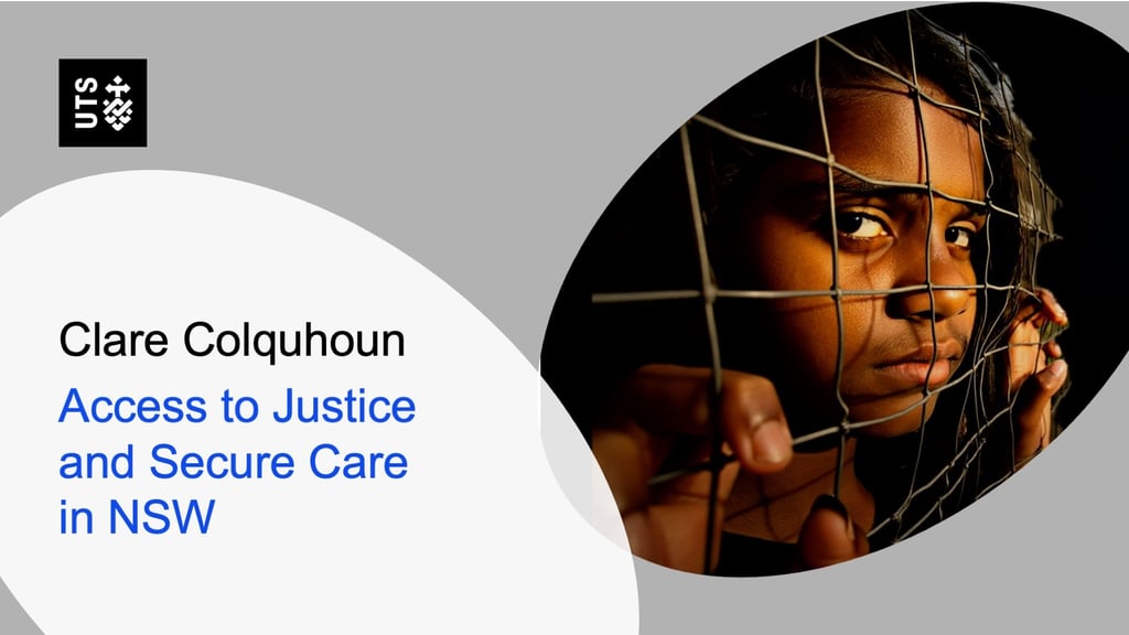 A young person holds a wire fence, looking serious and contemplative. Text reads "Clare Colquhoun: Access to Justice and Secure Care in NSW."