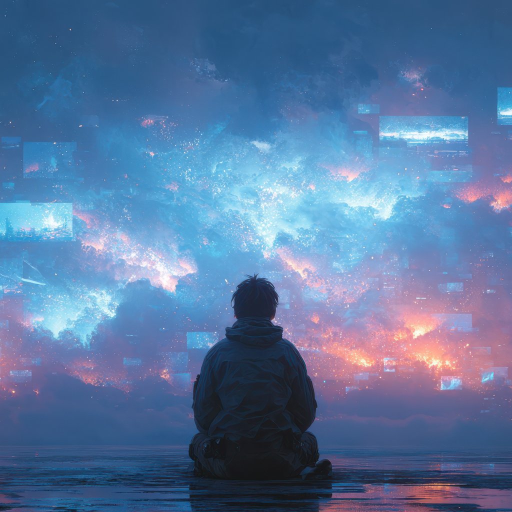 Illustration of a person sitting shadowed by an immense sky of screens