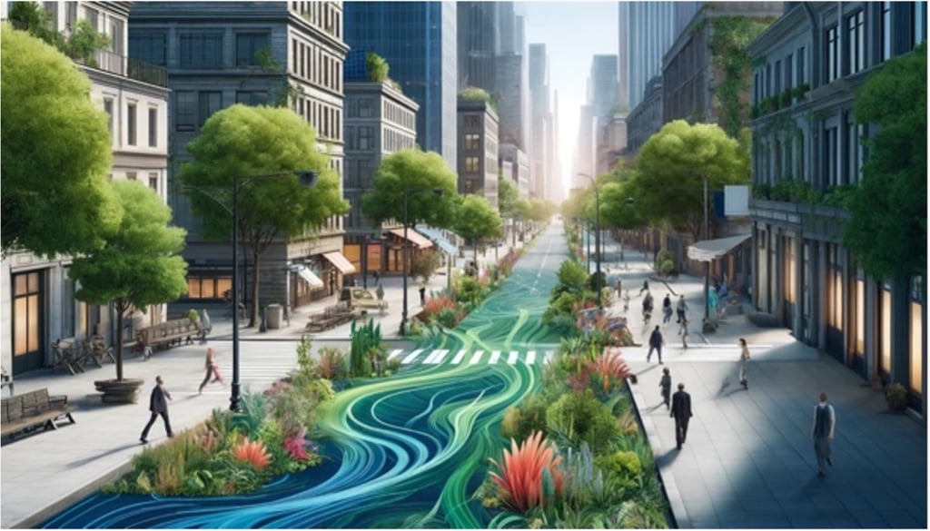 A city street lined with buildings, featuring a river flowing through the centre, reflecting the urban landscape.