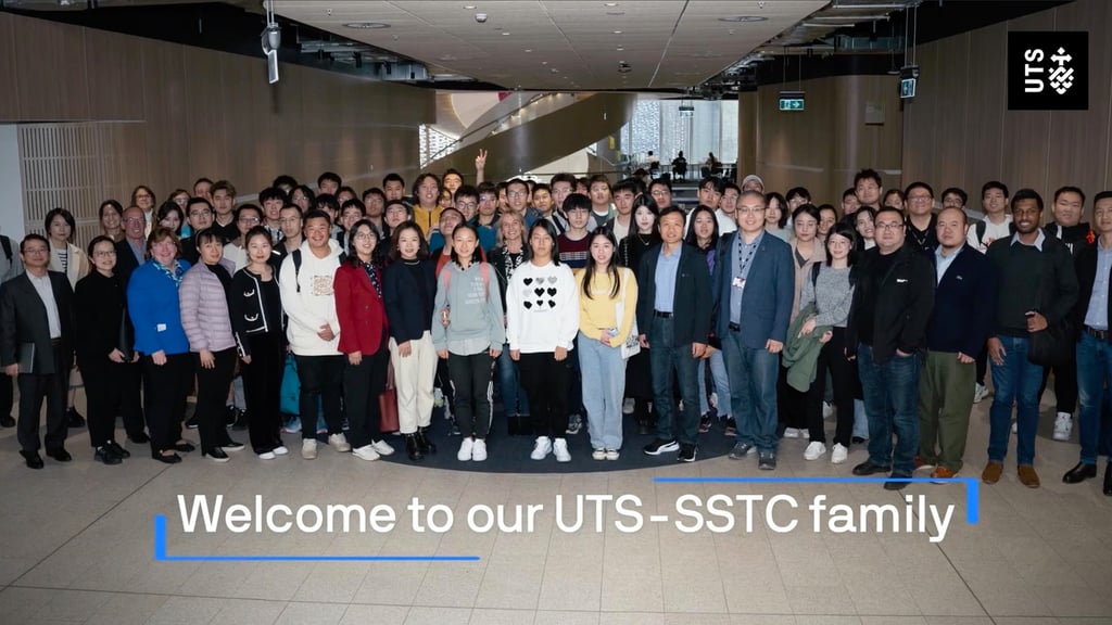 A group of Sydney Smart Technology College students gather for a photo at the University of Technology Sydney