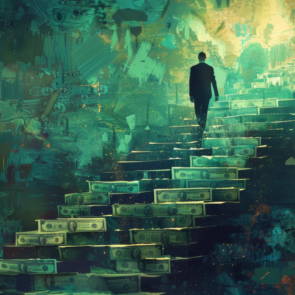 A man walks up a shadowy staircase