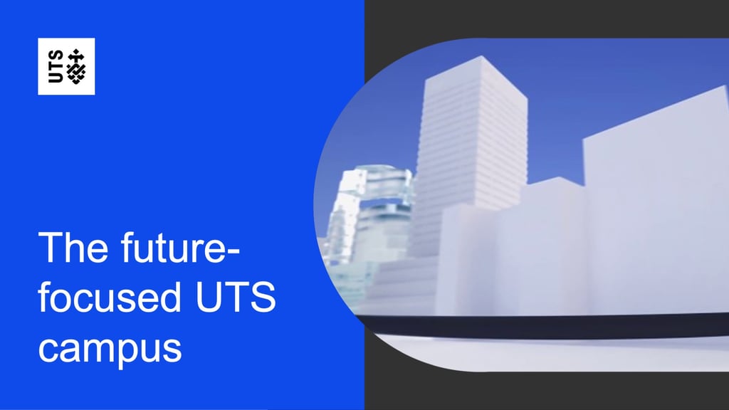 Graphic promoting the future-focused UTS campus, featuring the UTS logo, large text reading “The future-focused UTS campus”, and a stylised architectural model of modern campus buildings against a blue background.