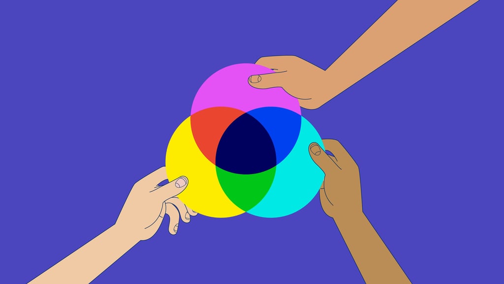 abstract illustration of three hands holding a Venn diagram colour wheel