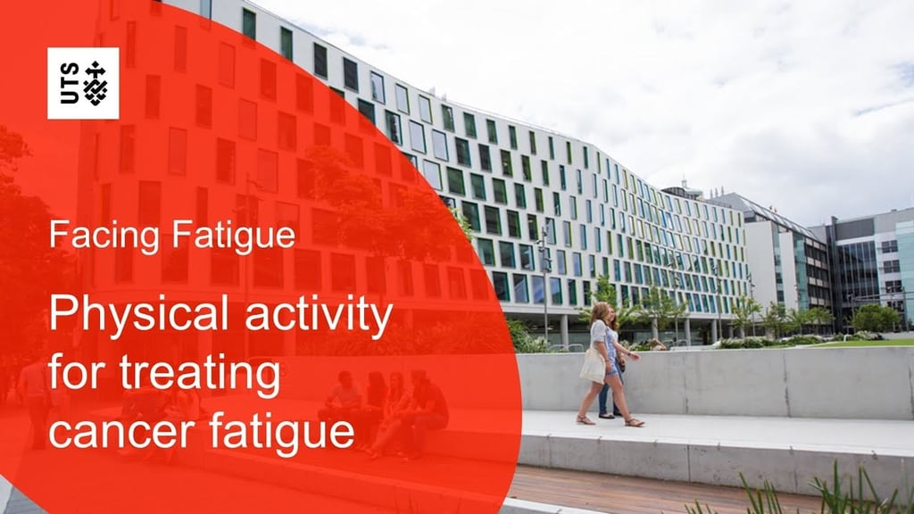 Promotional graphic for a UTS Cancer Symptom Trials (CST) virtual seminar titled Physical activity for treating cancer fatigue. The design includes a photo of two people walking on the UTS campus.