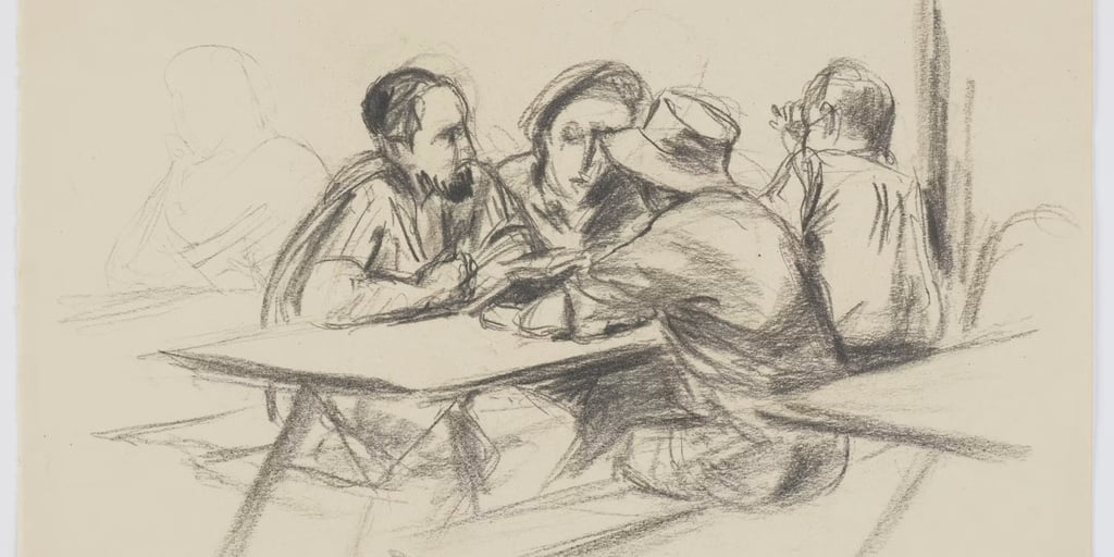 Four internees sitting at a bench at the Hay camp, New South Wales, drawn by Georg Telscher between 1940-1941. Mitchell Library, State Library of New South Wales, PXD 1539/no. 42
