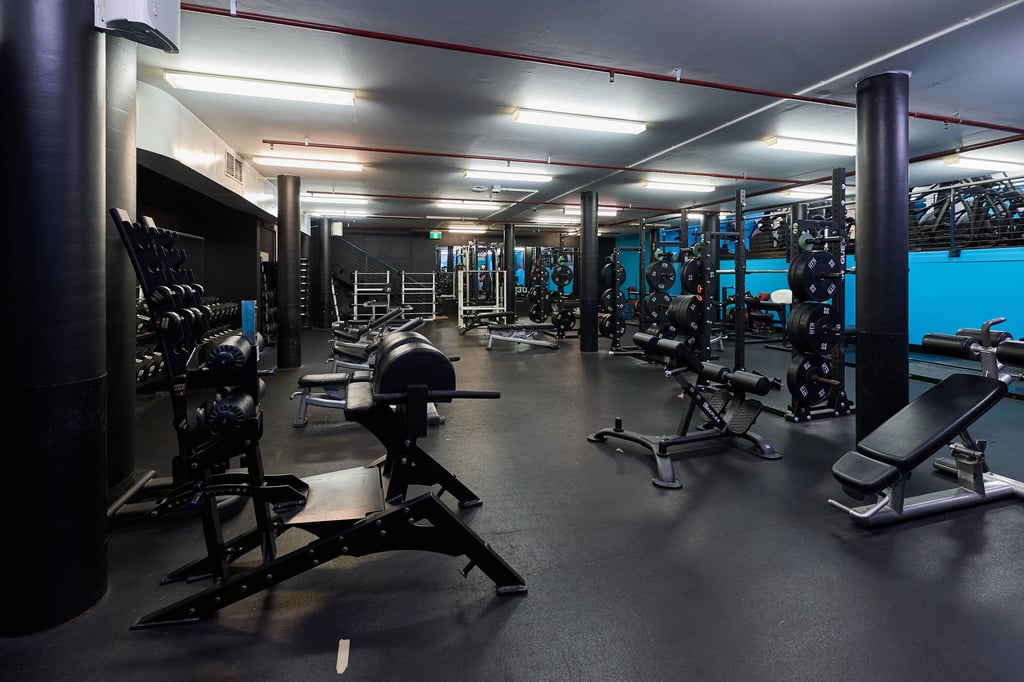 A gym interior featuring various exercise equipment and machines arranged for fitness activities.