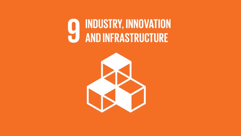 Orange background with white text and an icon of three stacked cubes. Text reads "9 Industry, Innovation and Infrastructure," representing SDG 9.