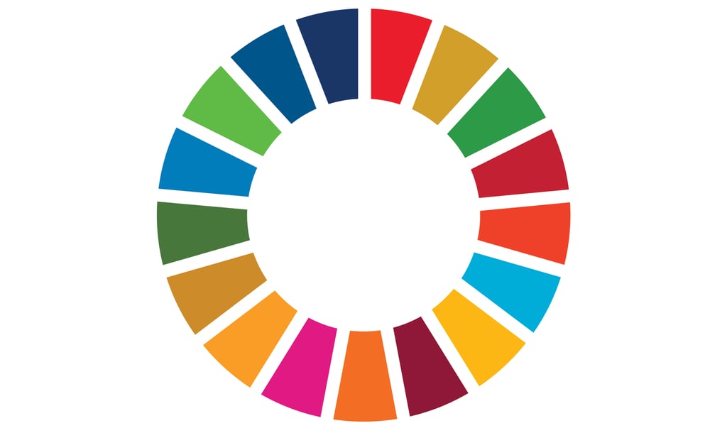 SDG icon. Circular ring made up of 16 brightly coloured segmented shapes arranged in a wheel pattern around a white centre. The segments are evenly spaced and vary in colours including blue, green, yellow, orange, red, pink and purple, creating a vibrant, abstract graphic.