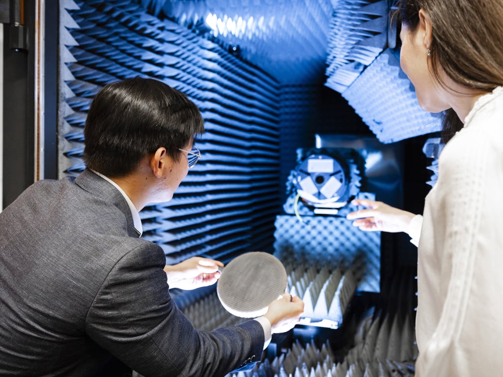 Two researchers working on an experiment in the UTS TechLab acoustics lab. Picture by Andy Roberts