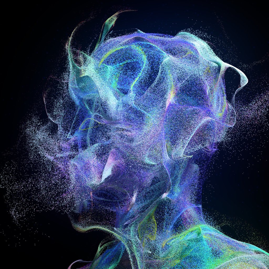 An art illustration of tech particles that form obscurely into a human face