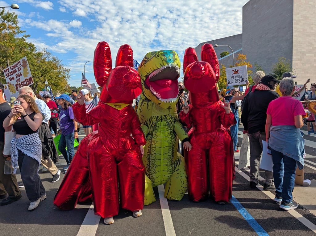 Protestors in inflatable animal costumes at the No Kings rally in Washington DC on 18 October 2025. Picture by Rob Pegoraro on Flickr, CC BY-NC-SA 4.0