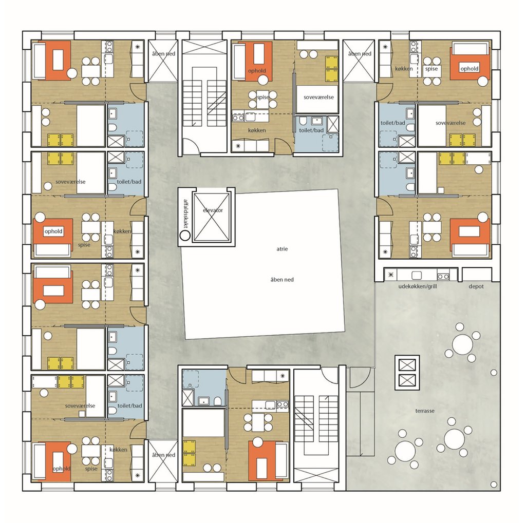 Architectural plan of a student accommodation floor in the Aarhus Student Housing.