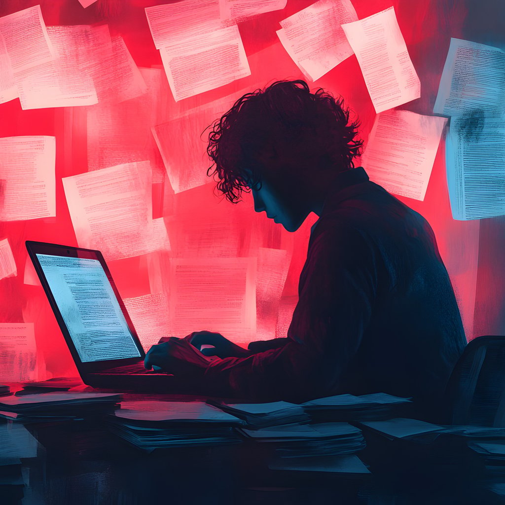 An illustration of a person in red hued room staring at a screen