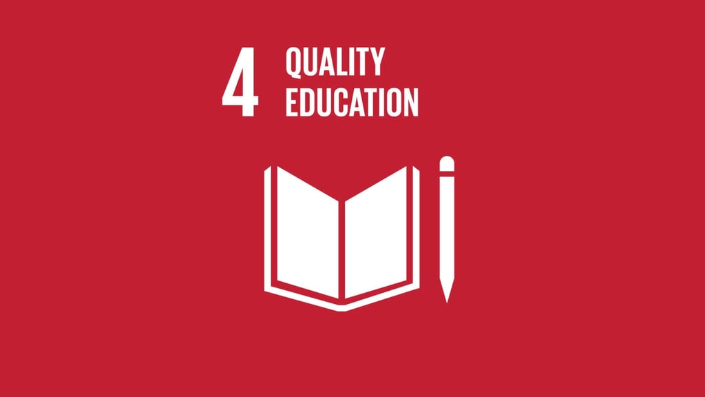 Red banner displaying UN Sustainable Development Goal 4: Quality Education. Features a white book and pencil icon symbolizing knowledge and learning.