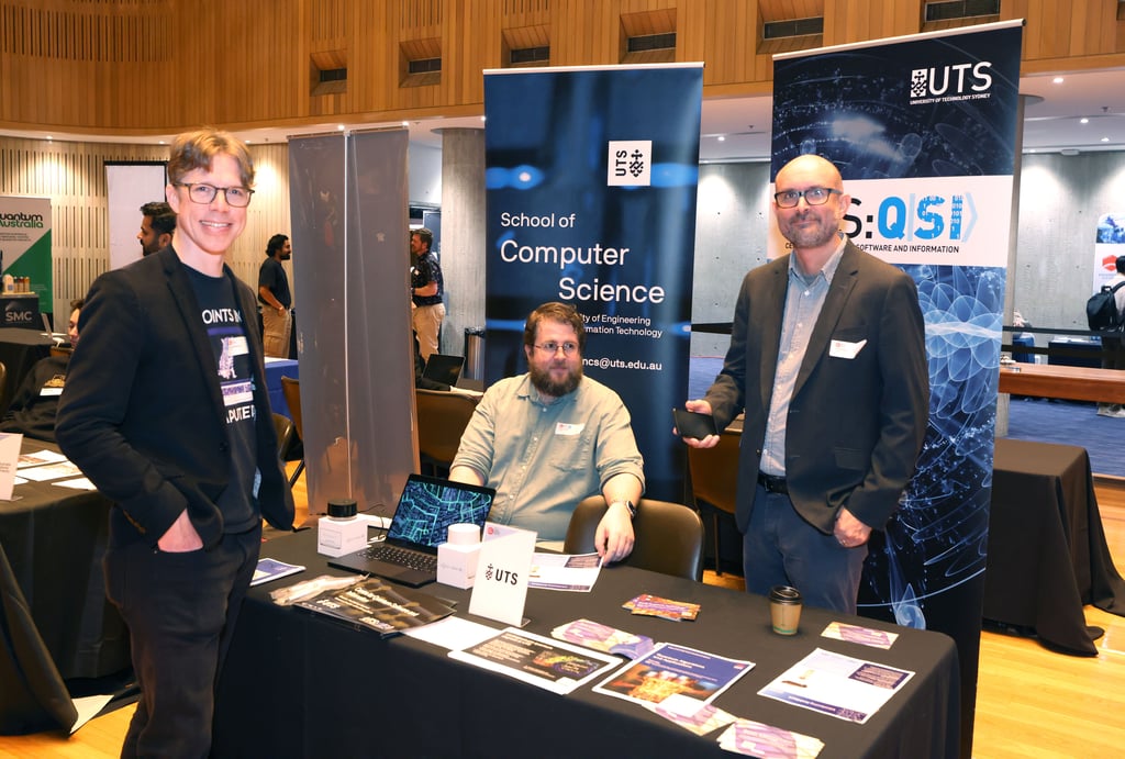 Dr Luke Mathieson, Prof Simon Devitt, and Prof Christopher Poulton (from left to right) at the UTS booth on the day of the SQA Open Day and Careers Fair. Photo: SQA.
