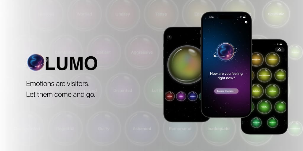Three smartphones display the Lumo app interface against a blurred background of colorful emotion bubbles. The center screen shows a galaxy-like orb with the text, 'How are you feeling right now?' and a button labeled 'Explore Emotions.'