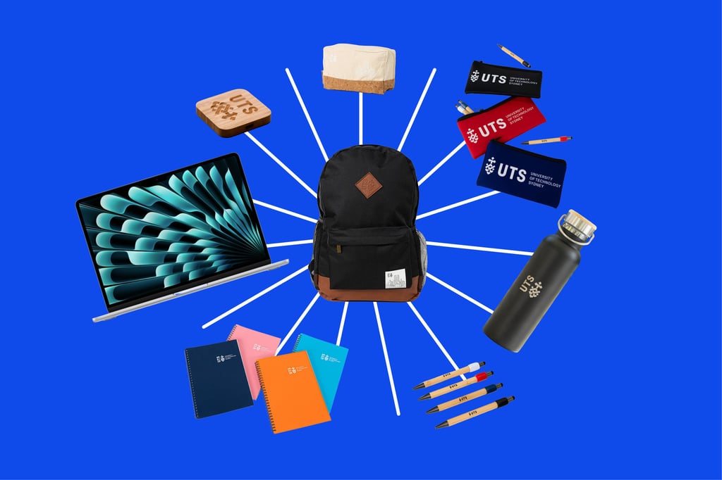 A black backpack is surrounded by a laptop, notebooks, pens, pencils, UTS cards, a water bottle, lunchboxes, and an eraser, all arranged on a blue background.