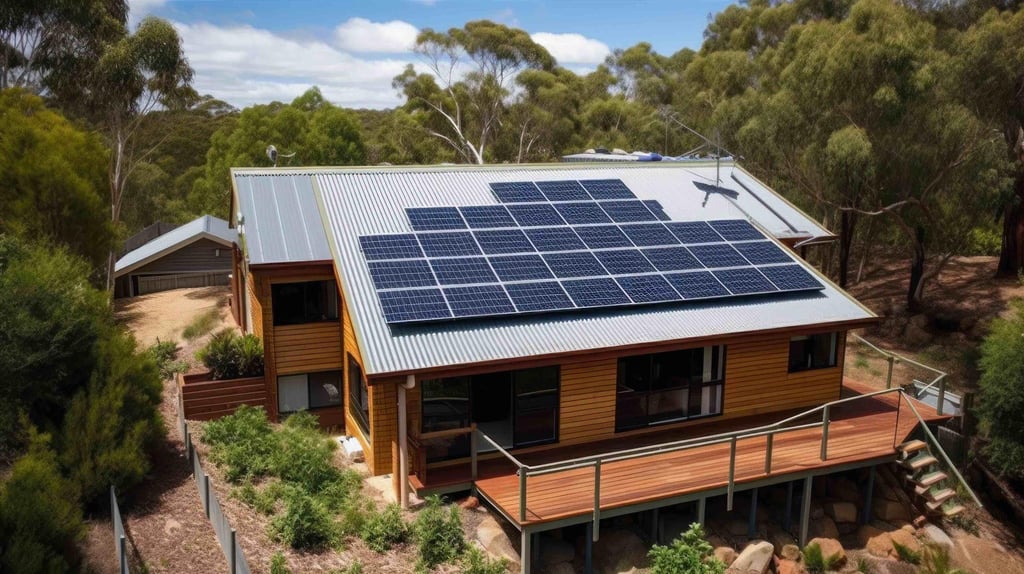 A modern wooden house with solar panels on a tin roof is surrounded by lush trees. The sunlit scene conveys a sense of sustainable living.