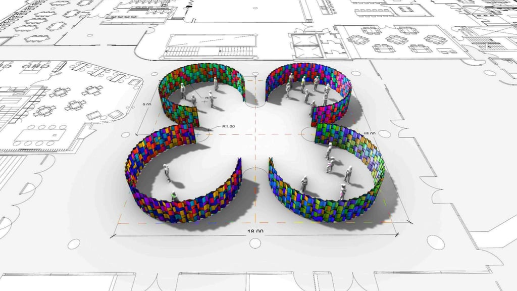 Digital art depicting humans interacting with a creative space with circular wall structures