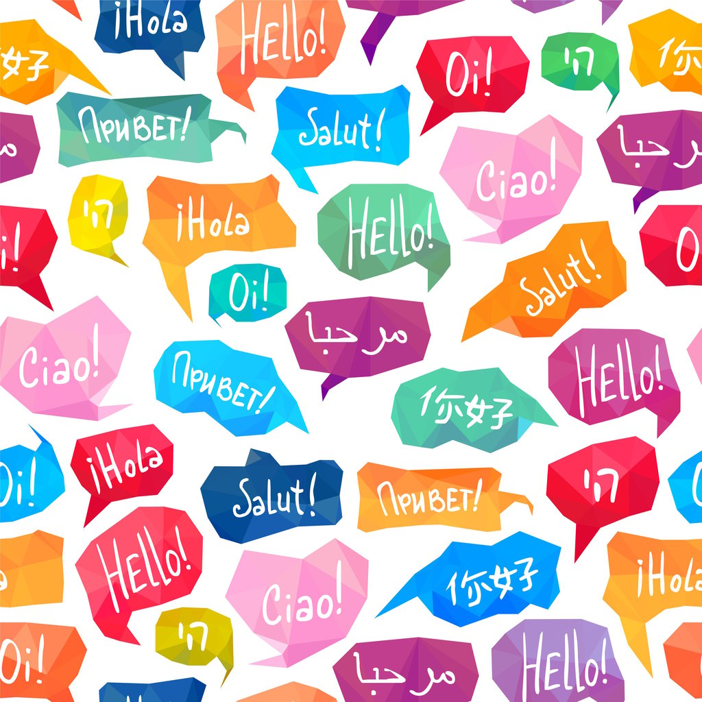 Colourful speech bubbles with greetings in various languages, including "Hello," "Hola," "Ciao," and more, on a white background.