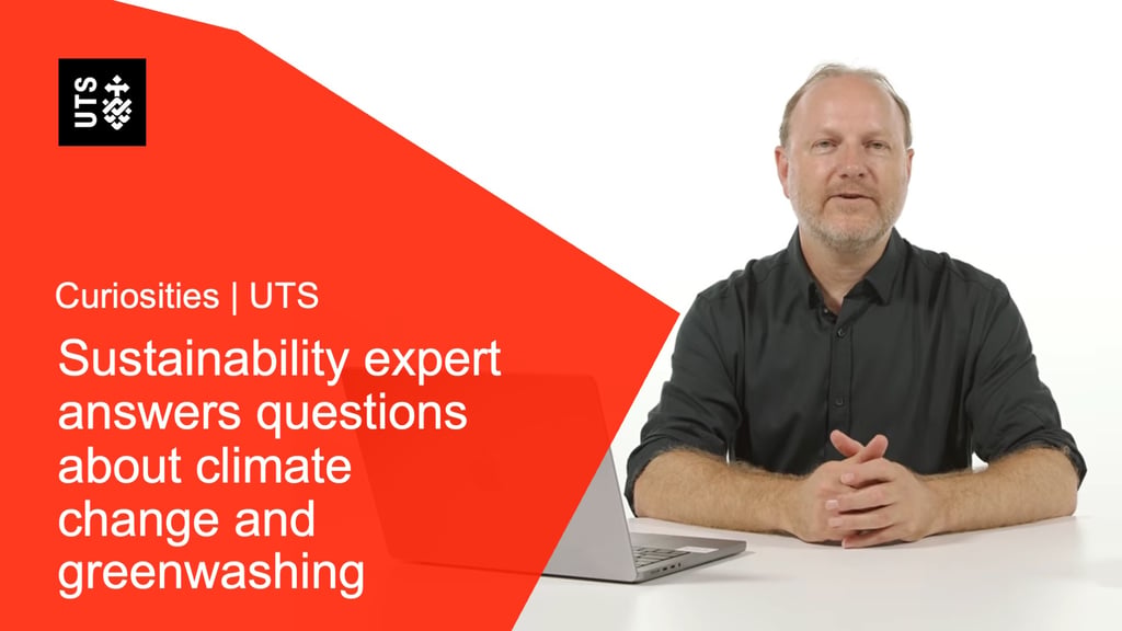 Dr Alex Baumber, with a text overlay "Sustainability expert answers questions about climate change and greenwashing"