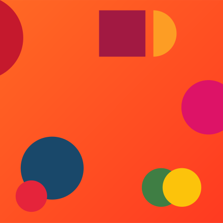 Colourful geometric shapes, including circles, squares and a semicircle, arranged on a bright orange background.