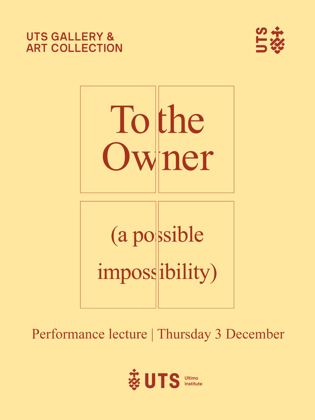 a poster for Alana Hunt's performance lecture 'To the Owner (a possible impossibility)'