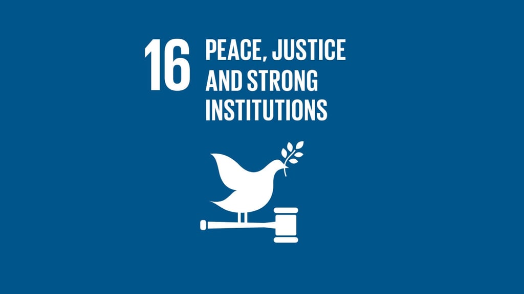 Blue background with white text "16 Peace, Justice and Strong Institutions" alongside a white dove holding an olive branch, perched on a gavel.