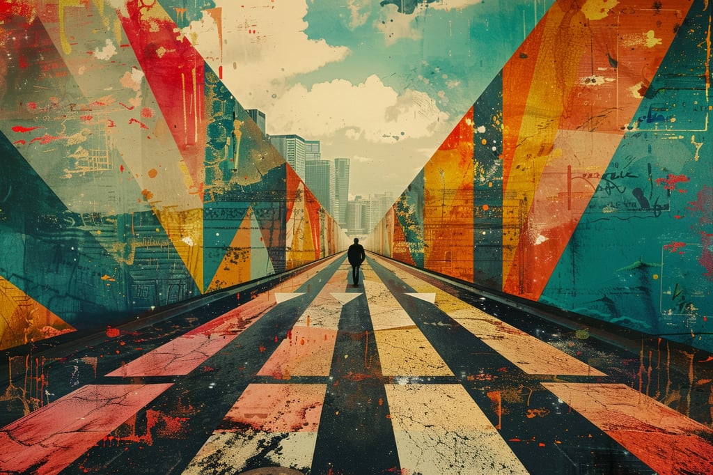 A collaged image of a person walking down a road stretched out in front spliced with abstract colour hues on the horizons
