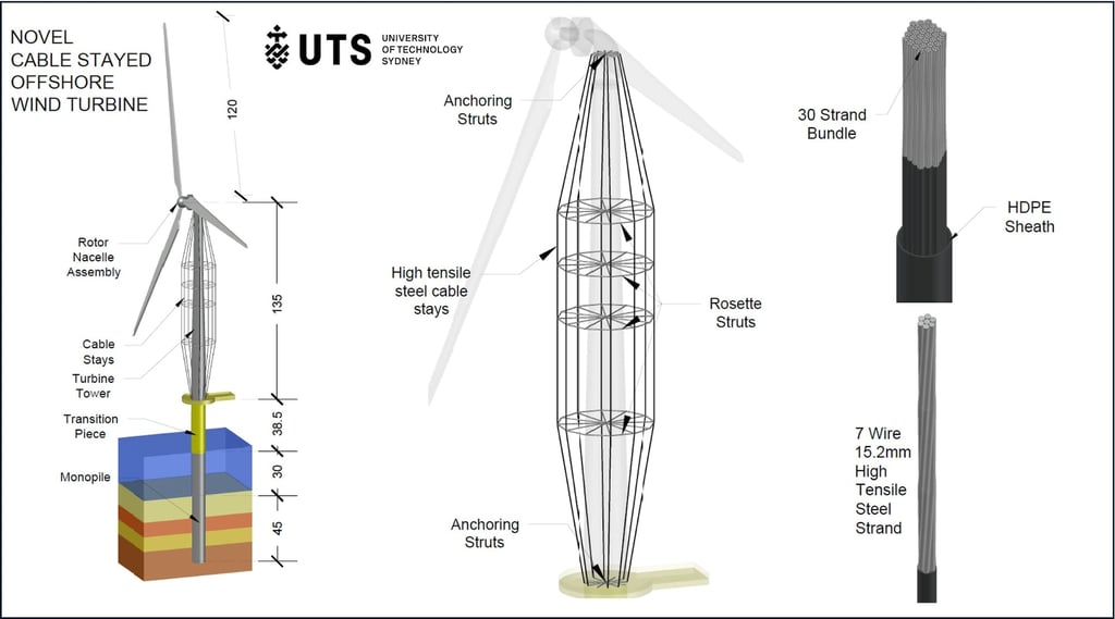 Illustrated graphic depicting a novel cable offshore wind turbine.