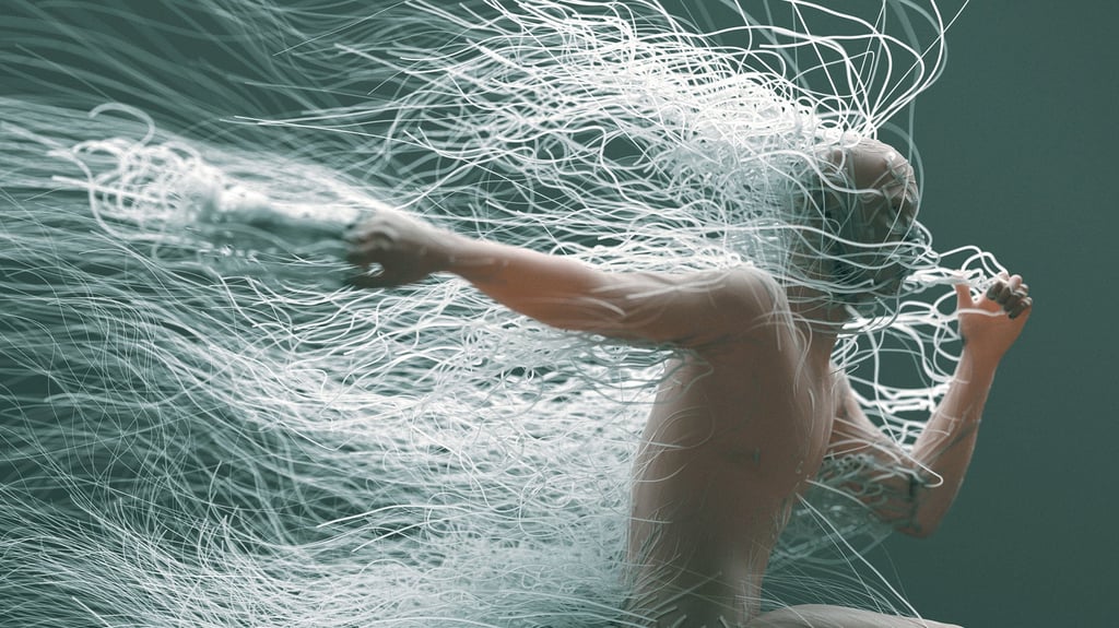 Abstract image of a man running with multiple wires emerging from his body