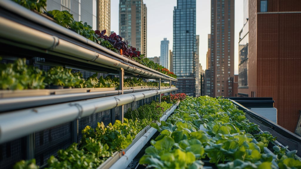 Rooftop garden growing fresh vegetables in urban setting with skyscrapers in background