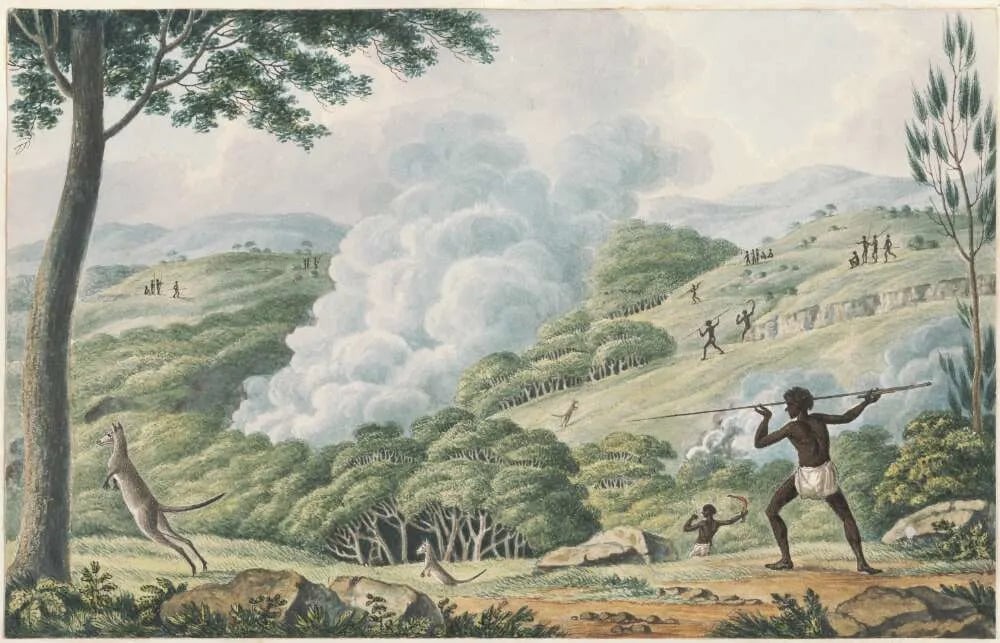 Aboriginal People using fire to hunt kangaroos, Joseph Lycett, 1817. Wikimedia Commons