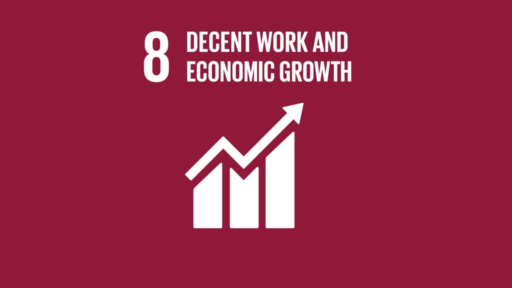 White text and a rising bar graph icon on a maroon background represent "Decent Work and Economic Growth," Goal 8 of the Sustainable Development Goals.