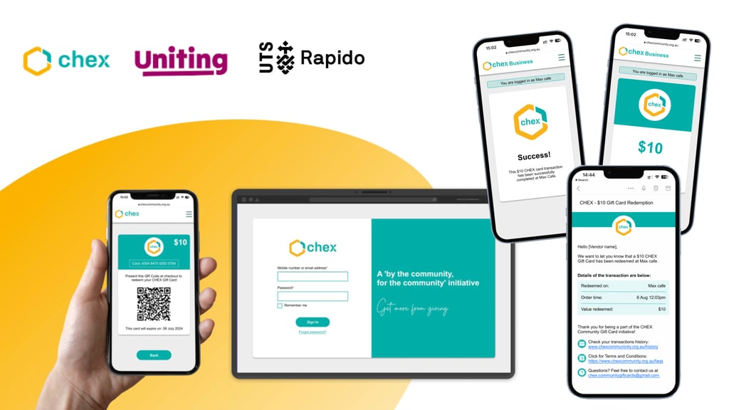 CHEX digital gift card platform showing mobile redemption, business login and confirmation email screens, developed by UTS Rapido with Uniting.