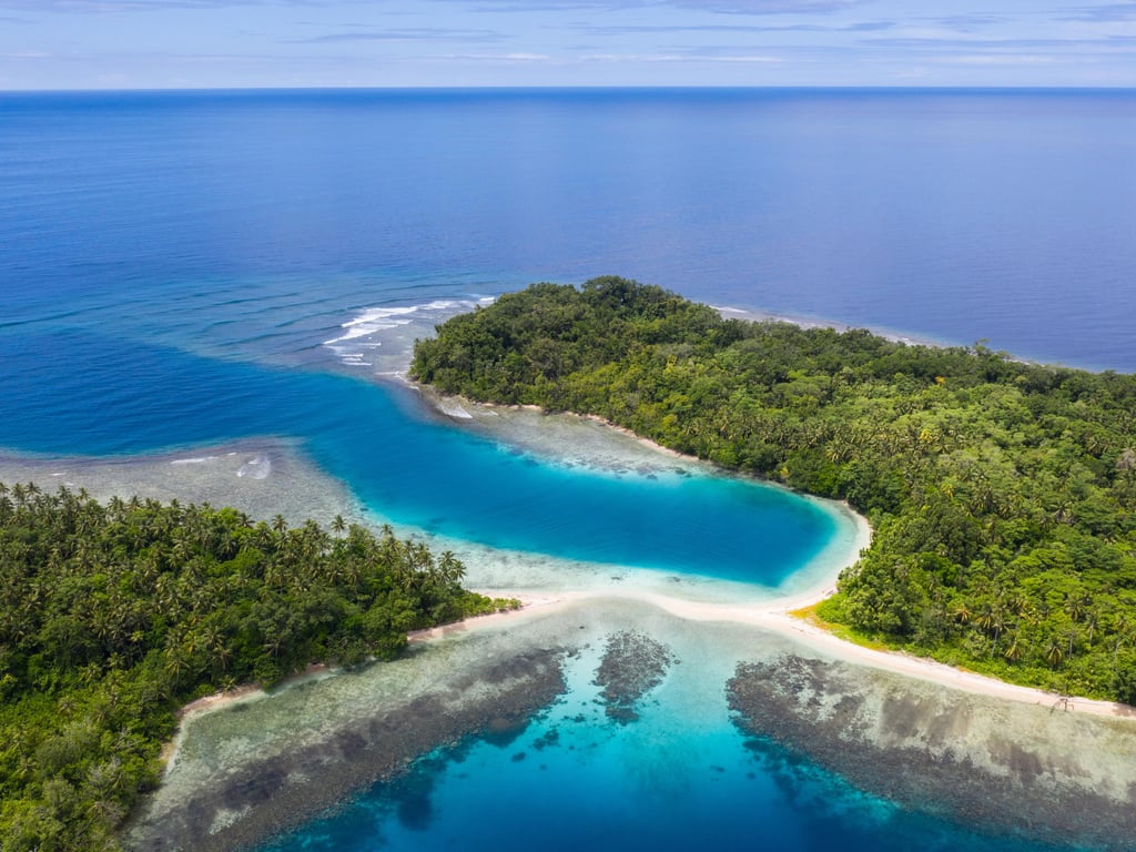 Aerial view of a tropical island with lush green forests surrounded by clear turquoise waters and white sandy beaches, evoking tranquility and natural beauty.