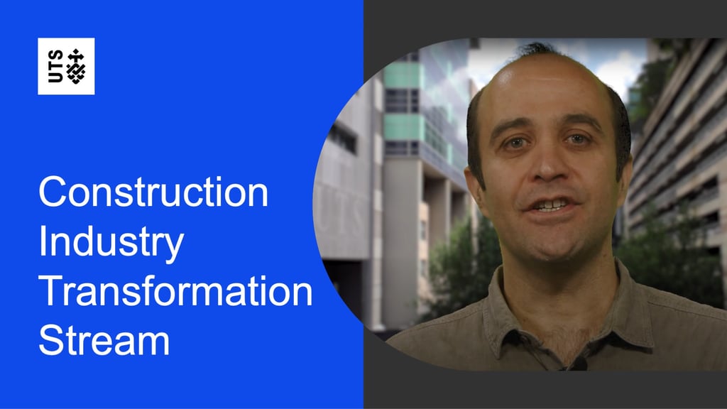 Split image with 'Construction Industry Transformation Stream' in white on a blue background with UTS logo. On the right, a man in a brown shirt speaks, set against a blurred outdoor building background.