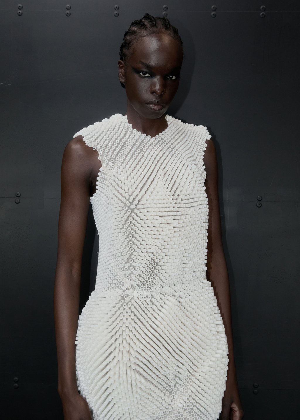 Model wearing Rose Guiffre collection Accretion at AFW