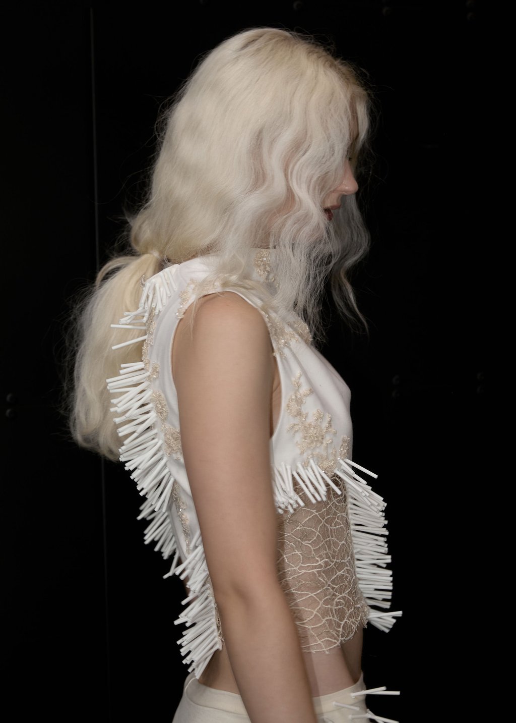 Model wearing Rose Guiffre collection Accretion at AFW
