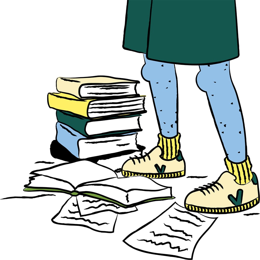 Illustration of knobbly knees next to a pile of books