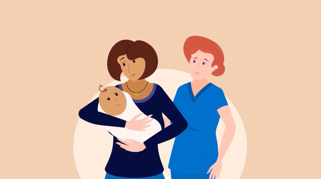illustration of a new mother and baby alongside a midwife