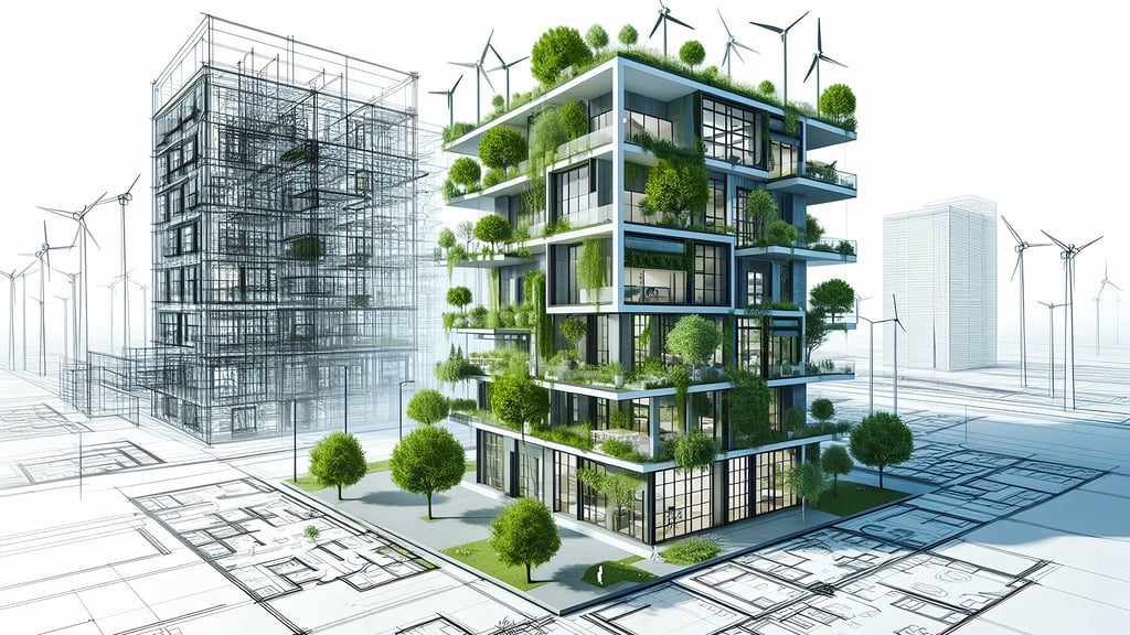 Futuristic eco-friendly building with greenery on terraces, surrounded by wind turbines. Architectural plans and digital schematics are visible.